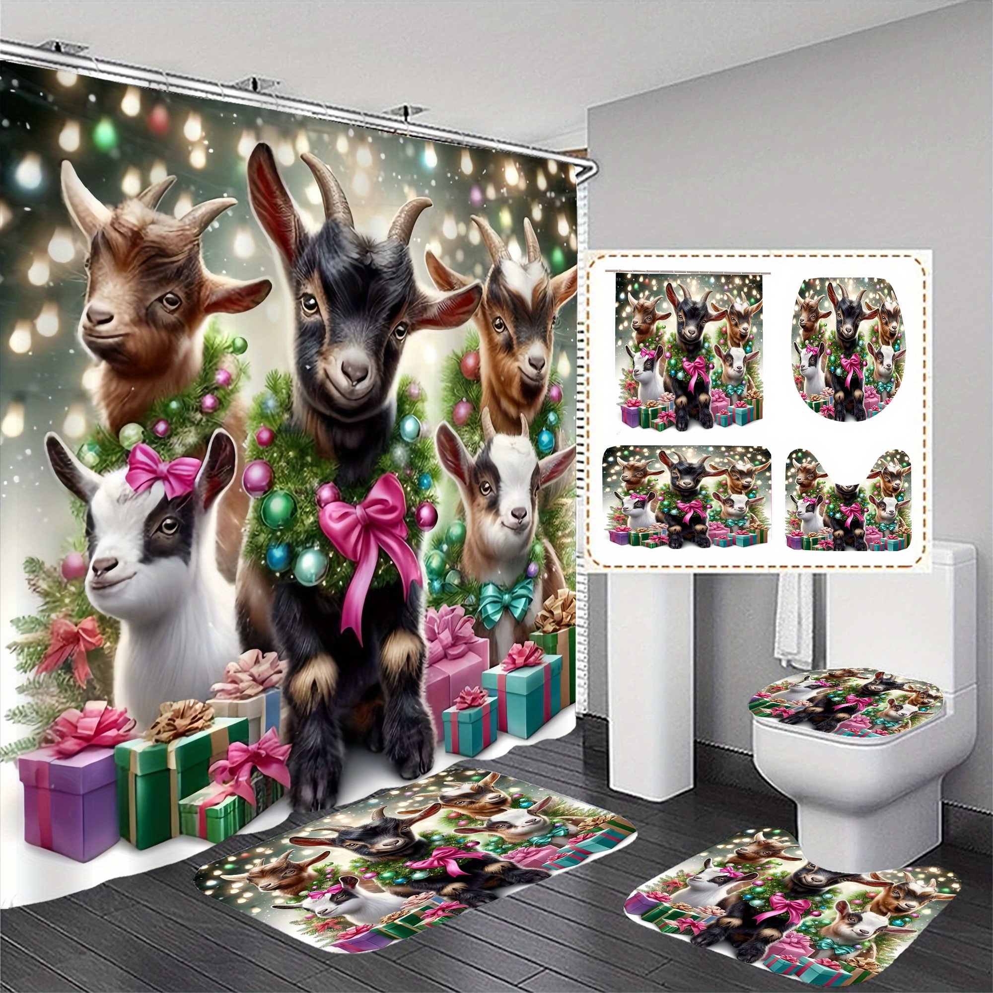 

1pc/3pcs Christmas Cow Bathroom Shower Curtain + Mat Set 12 , Polyester , -slip , Decoration