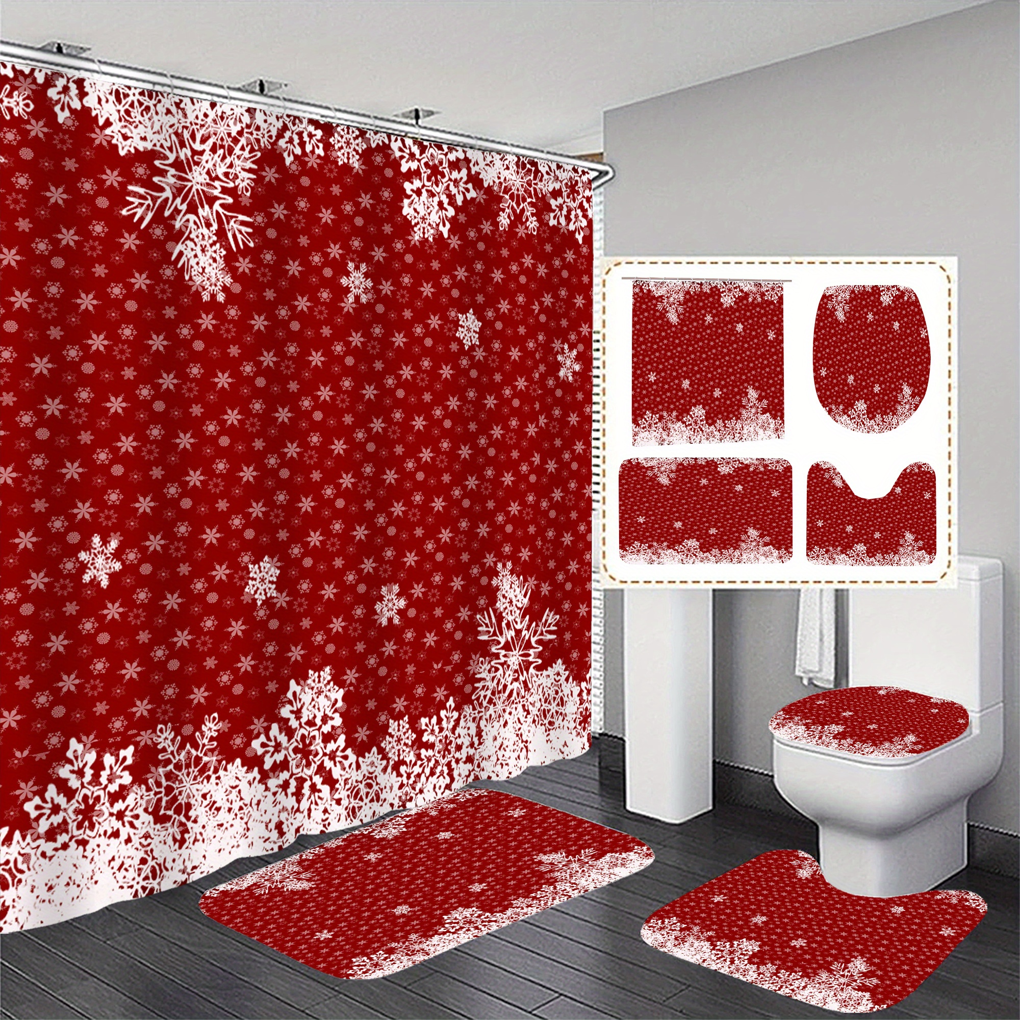 

1pc/3pcs Christmas Red Bathroom Curtain + Mat Set, 12 , Polyester , Bathroom Mat, U-shaped Mat, Mat, Bathroom , Decoration Accessories, Decoration, Decorative Hanging Curtain