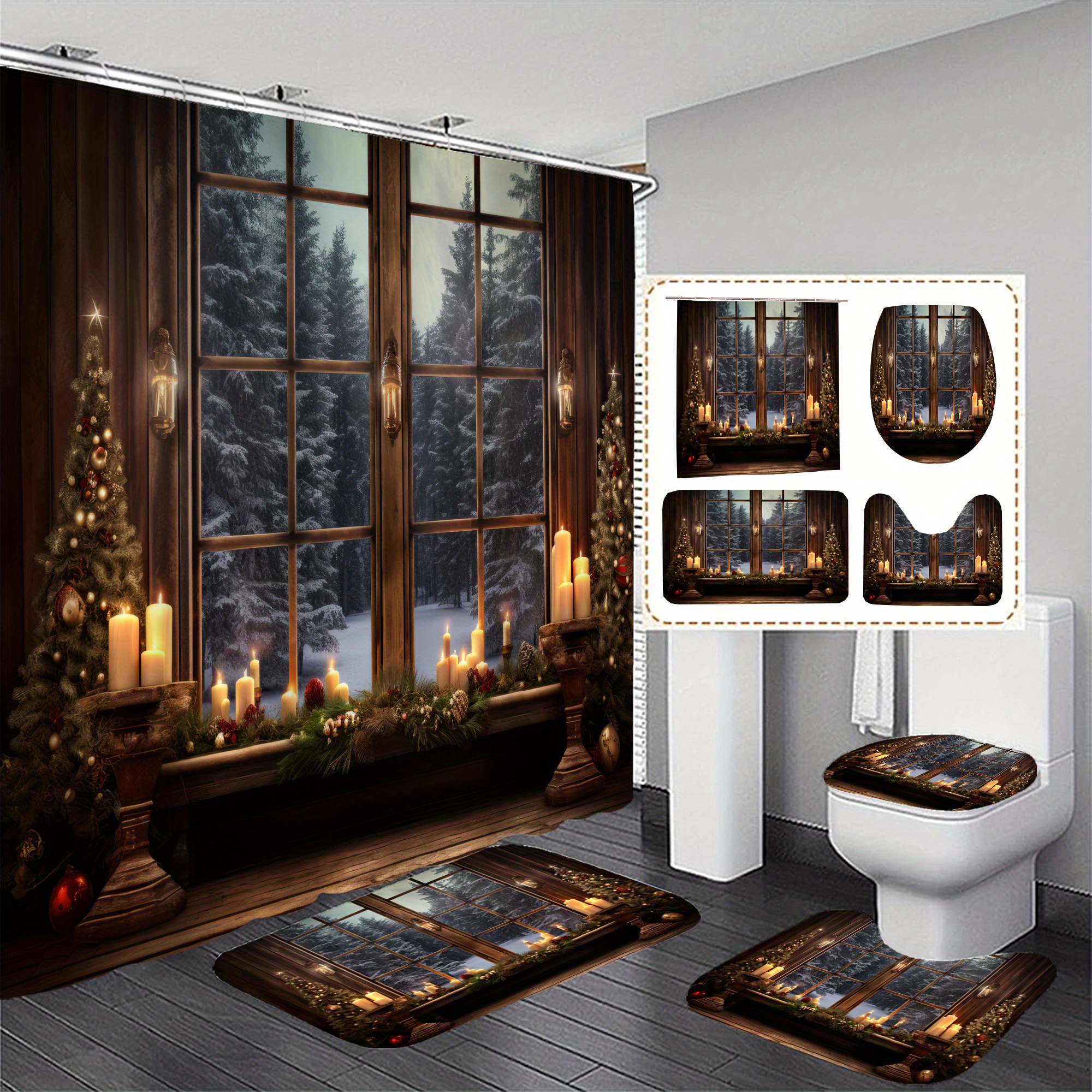 

1pc/3pcs Christmas Bathroom Shower Curtain + Mat Set, 12 , Polyester , Bathroom Mat, U-shaped Mat, Mat, Bathroom , Decoration Accessories, Decoration, Decorative Hanging Curtain
