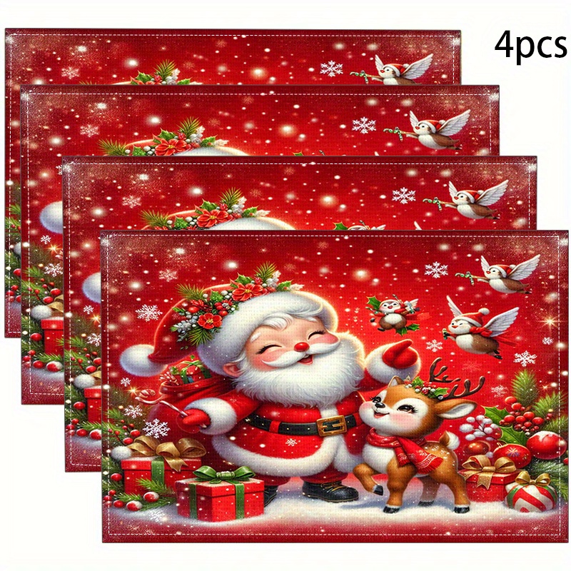 

4pcs Christmas Themed Place Mats Set, Woven Square Linen Table Mats With Heat-resistant, Machine Washable, Festive Santa & Reindeer Design For Holiday Dining Decor