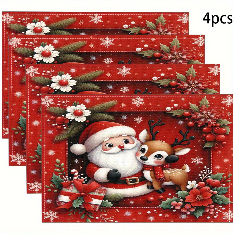 

4pcs Set Christmas-themed Linen Placemats - Heat Resistant, Square Table Mats For Holiday Dining & Kitchen Decor