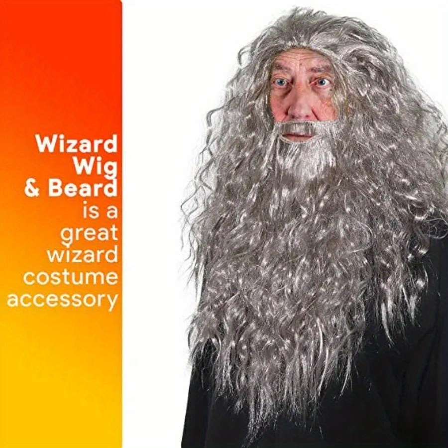 Elegant Coily Polyester Wig and Beard Set for Cosplay, Wizard Warlock Costume Accessory, Festive Party Holiday Synthetic Hair Headpiece details 5