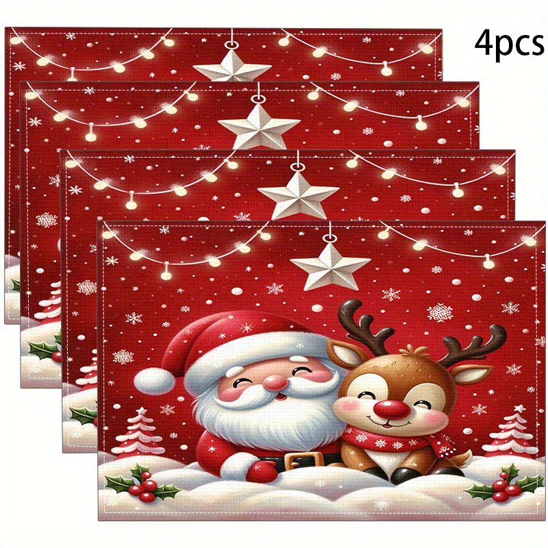 

Christmas Themed Placemats Set Of 4 - Woven Linen Table Mats With Santa And Reindeer Design, Heat-resistant, Square, Machine Washable For Holiday Dining Decor