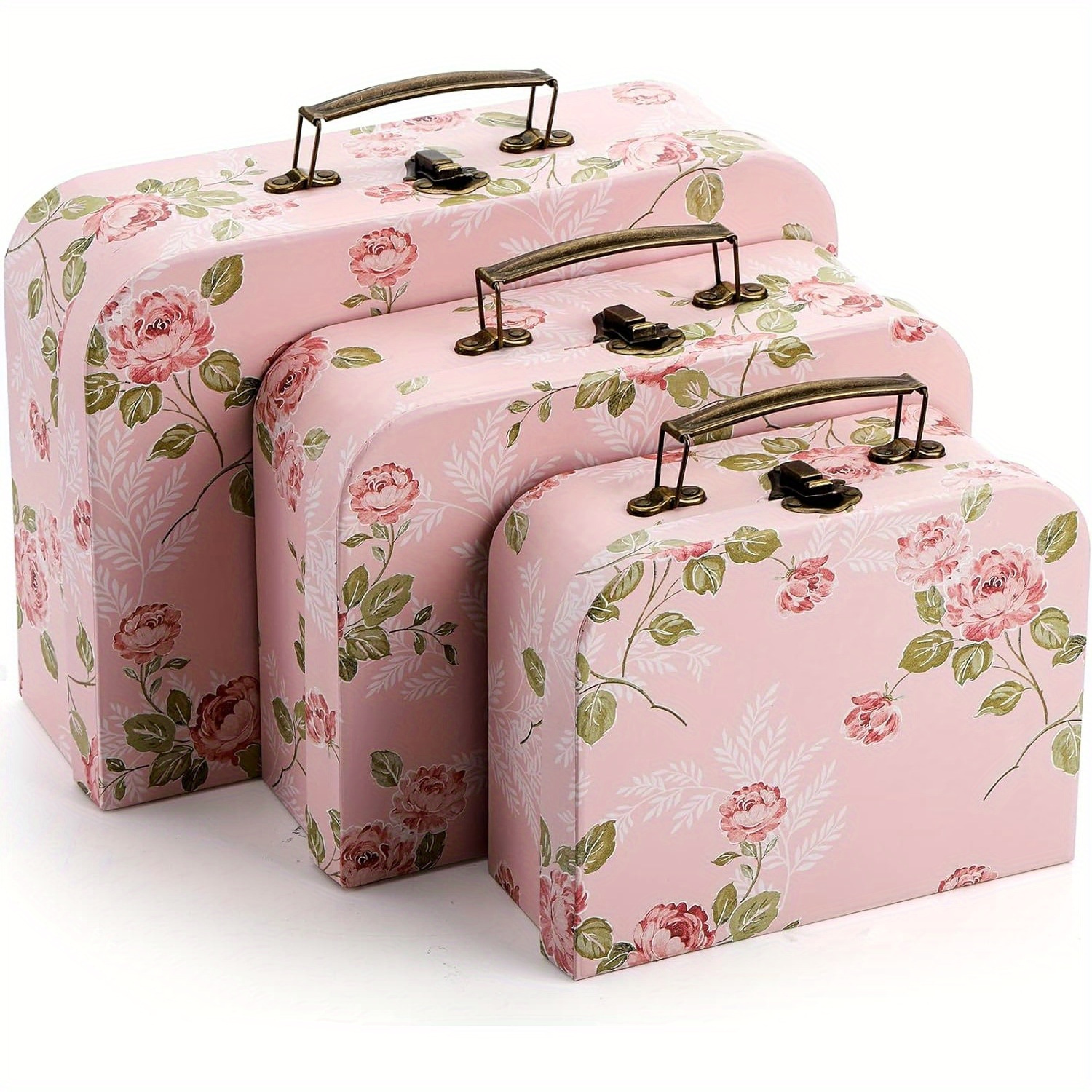 

3pcs Decorative Cardboard Suitcase Set With Lids - Versatile Storage Boxes For Photos, Home Decor & Special Occasions - Durable, Nestable Design With Brass Hardware & Faux Leather Handles