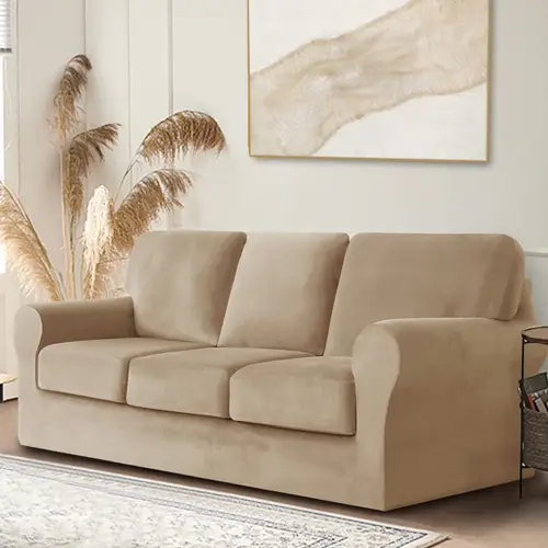 3 seater elastic velvet fox fur t shaped all in one sofa cover with adjustable elastic straps 7pcs set for complete protection