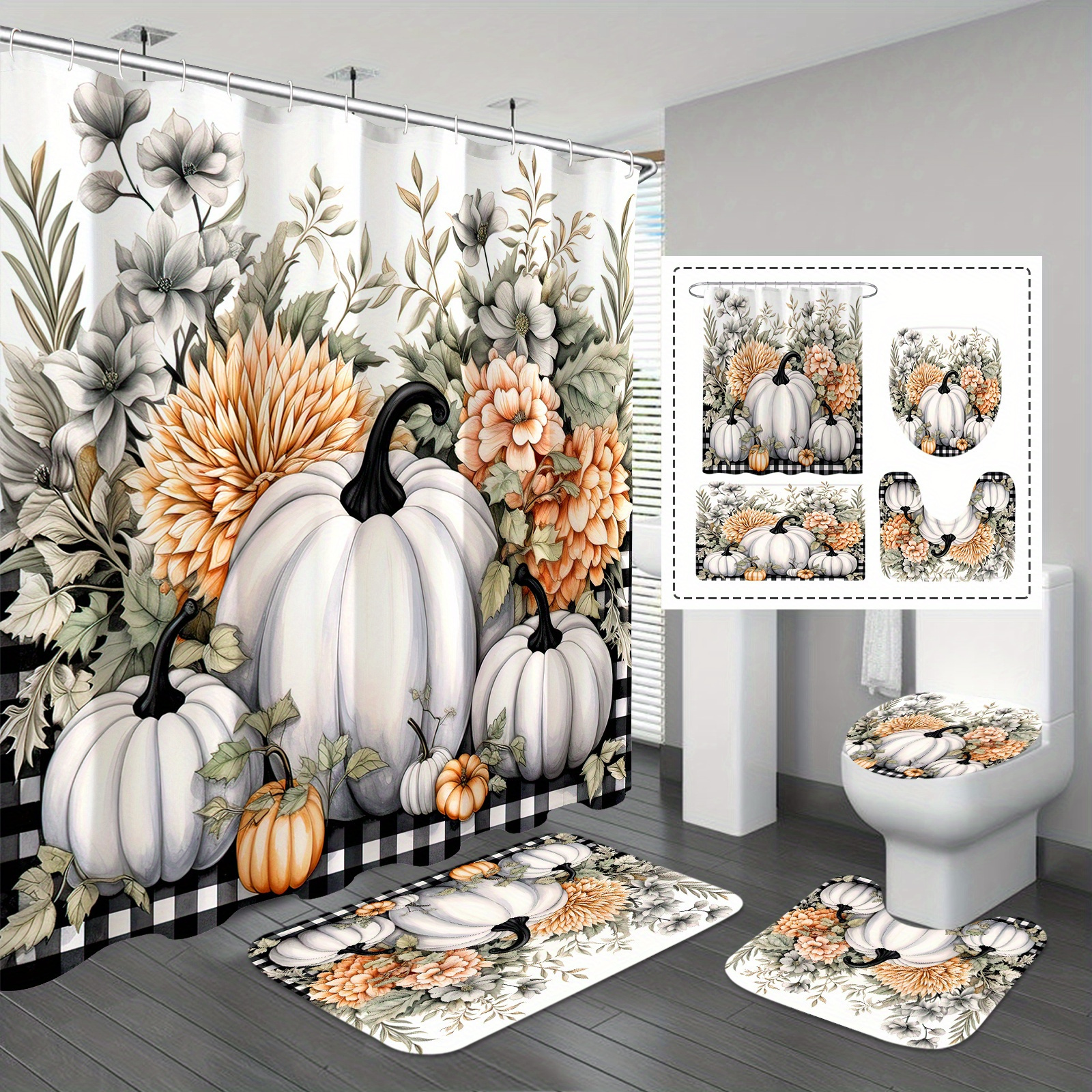 

Autumn Harvest Pumpkin Shower Curtain Set With Hooks - Woven Polyester, Water-resistant Bath Decor With Anti-slip Mat And Toilet Cover For Thanksgiving