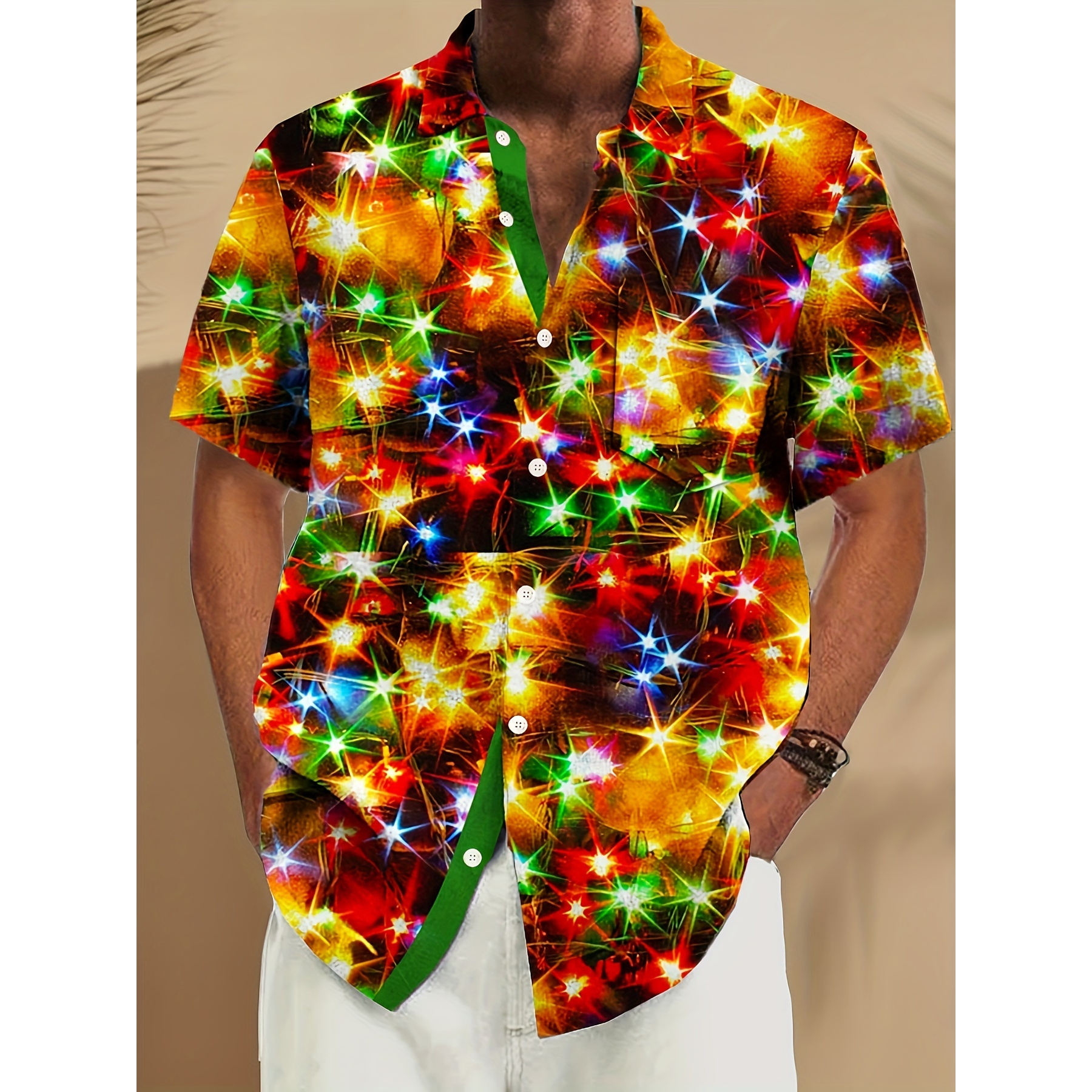 

Men's Christmas Themed Lights Print Short Sleeve Shirt For Summer, Casual Comfy Shirt As Gift