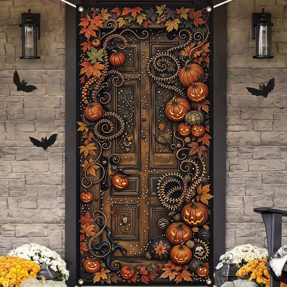 

Spooky Door Cover - Large, Polyester With Antique Bronze & Pumpkin Design, Front Porch Decor, Family Parties & Seasonal Celebrations