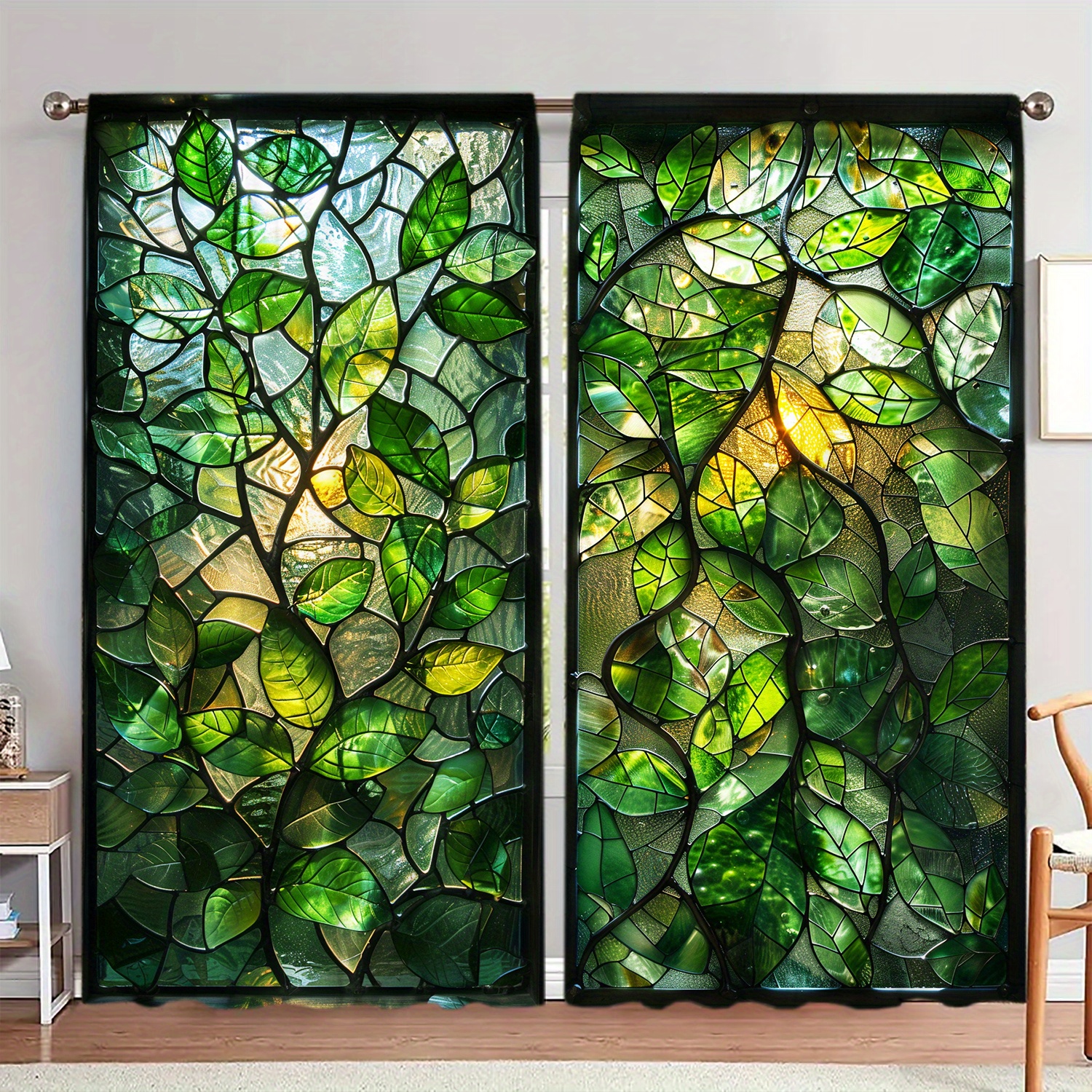 

2-piece Plant Stained Glass Window Curtains - Home Decor In Bedrooms, Offices, Kitchens, Living Rooms, And Studies