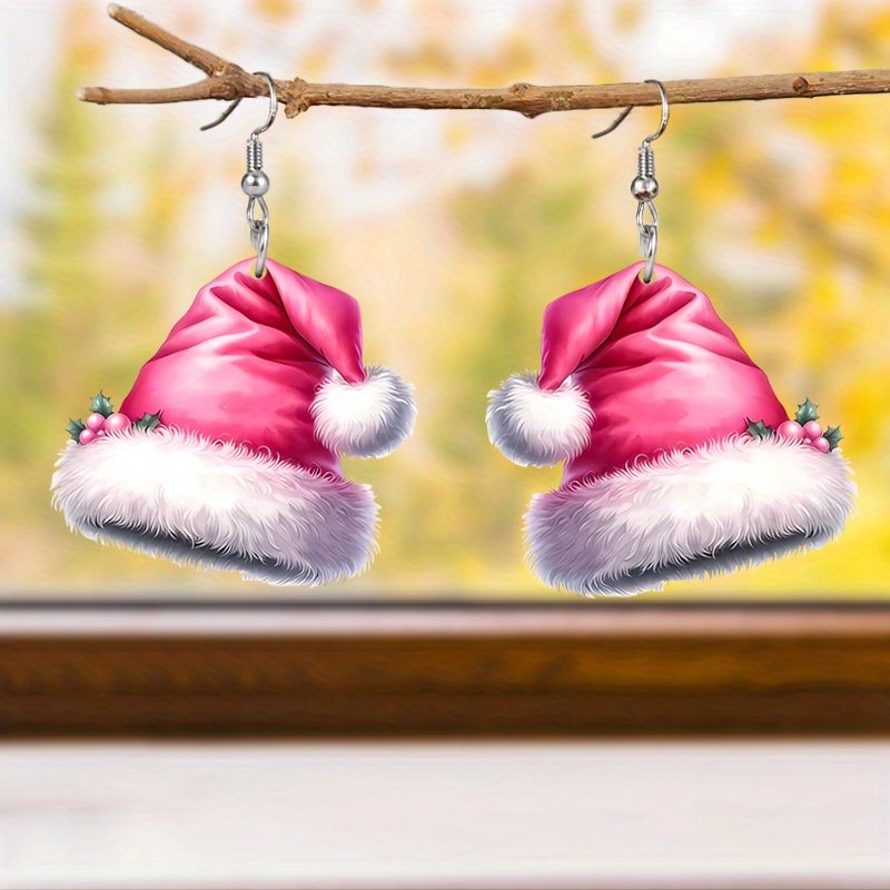 

1 Pair Acrylic Pink Santa Hat Drop Earrings - Featherless Women's Christmas Themed Jewelry, Festive Holiday Party Accessory, Universal Gift Idea