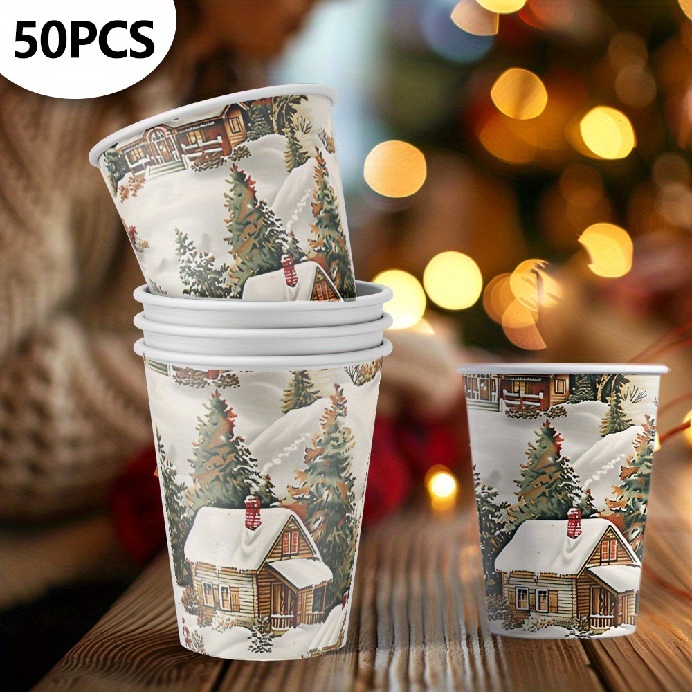 

50pcs Vintage Christmas Paper Cups - 9oz Sustainable Disposable Drinking & Coffee Cups For Holiday Parties, Decorations