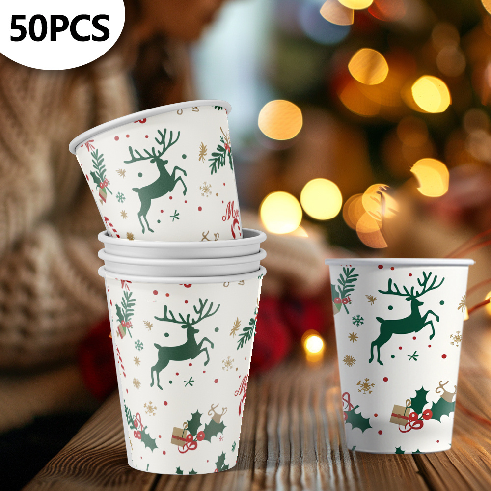 

50pcs Christmas Moose Disposable Paper Cups - 9oz Sustainable Drinking & Coffee Cups For Holiday Parties, Home & Office Decorations