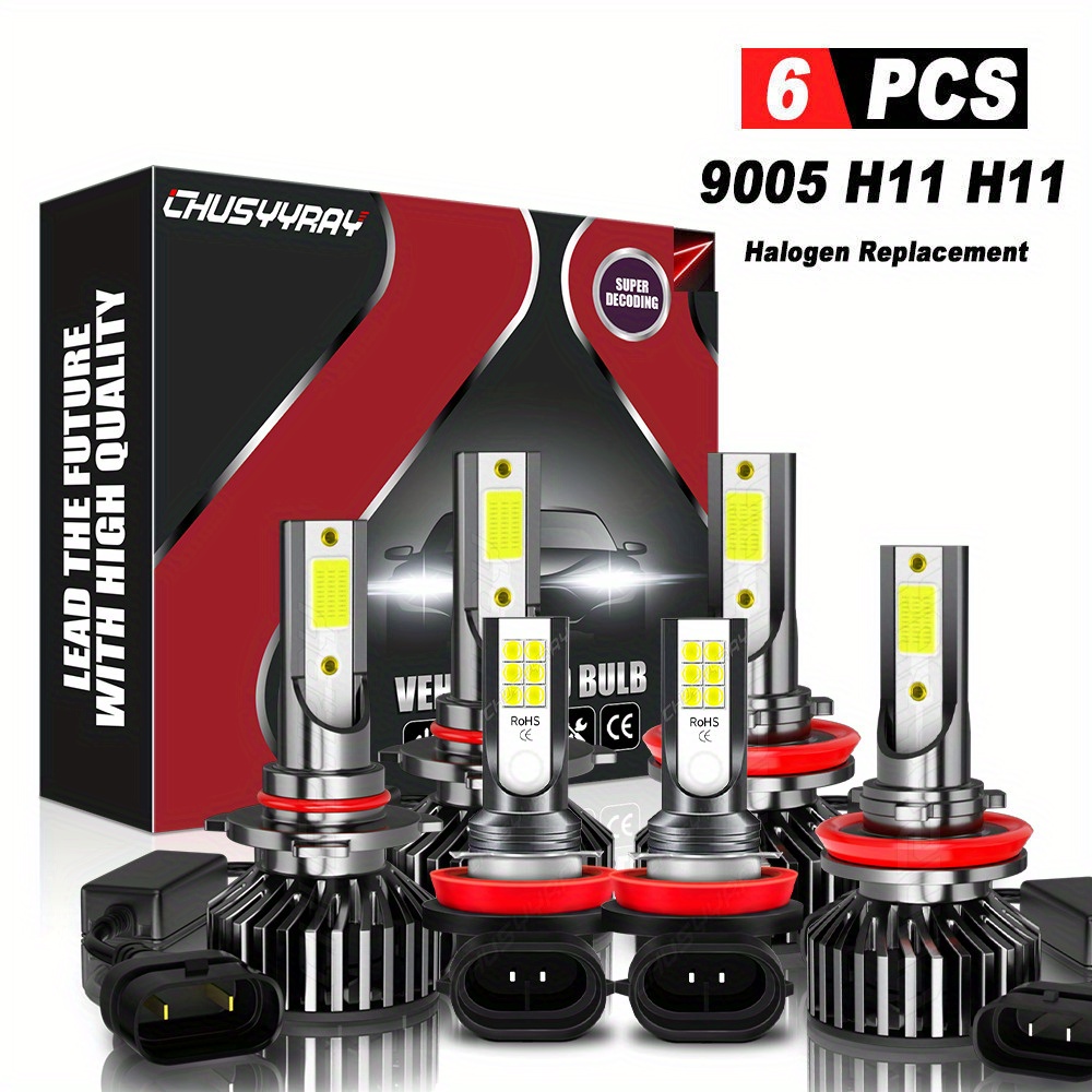 

Led Headlight High/ Low Beam+fog Light Bulbs Combo Kit 9005+h11+h11 80w 6000k Cool White 28000lm, Pack Of 6