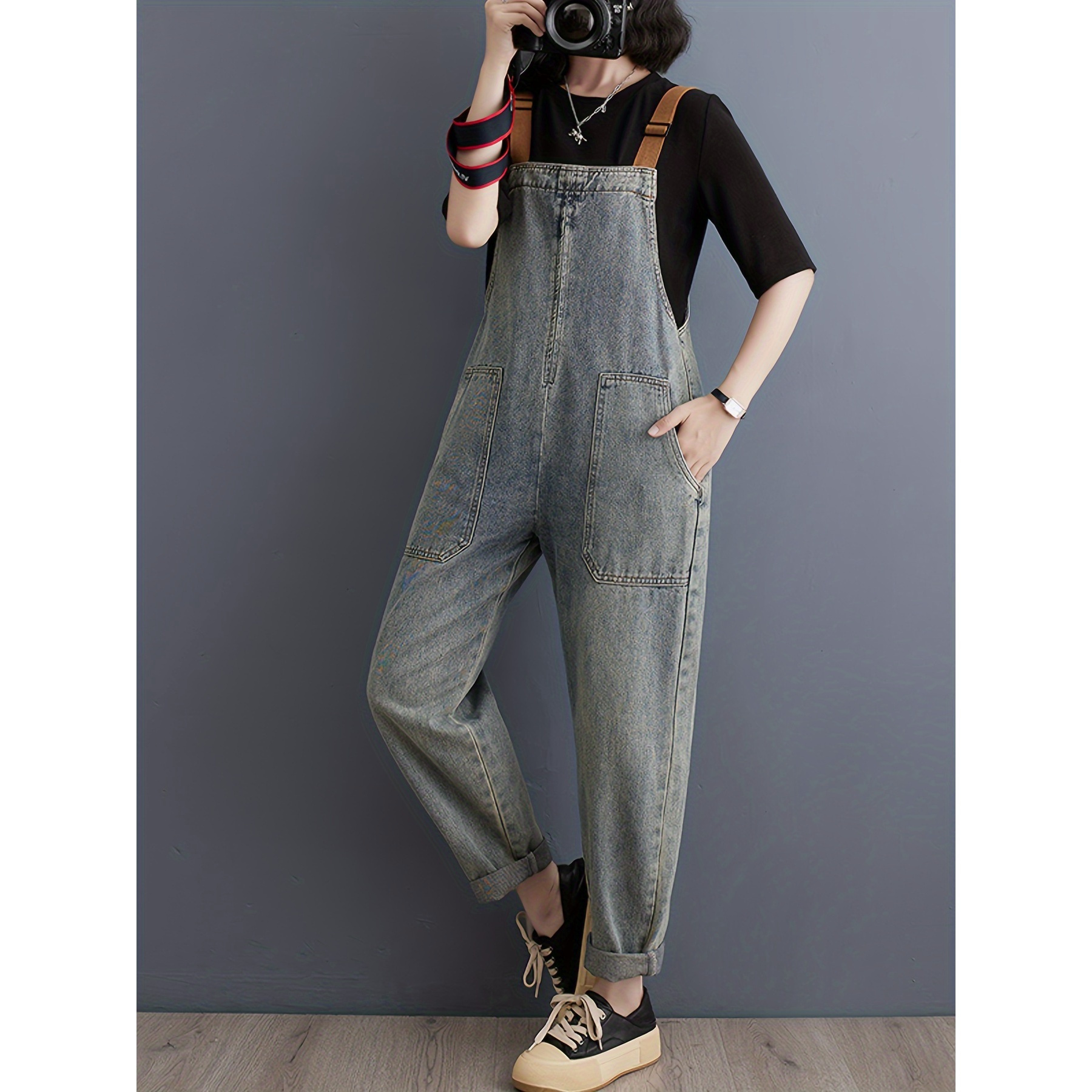 

Denim Overalls For Women - Casual Solid Color Work Pant With Pockets, Woven Non-stretch Fabric, Adjustable Shoulder Straps, Relaxed Fit Denim Jumpsuit