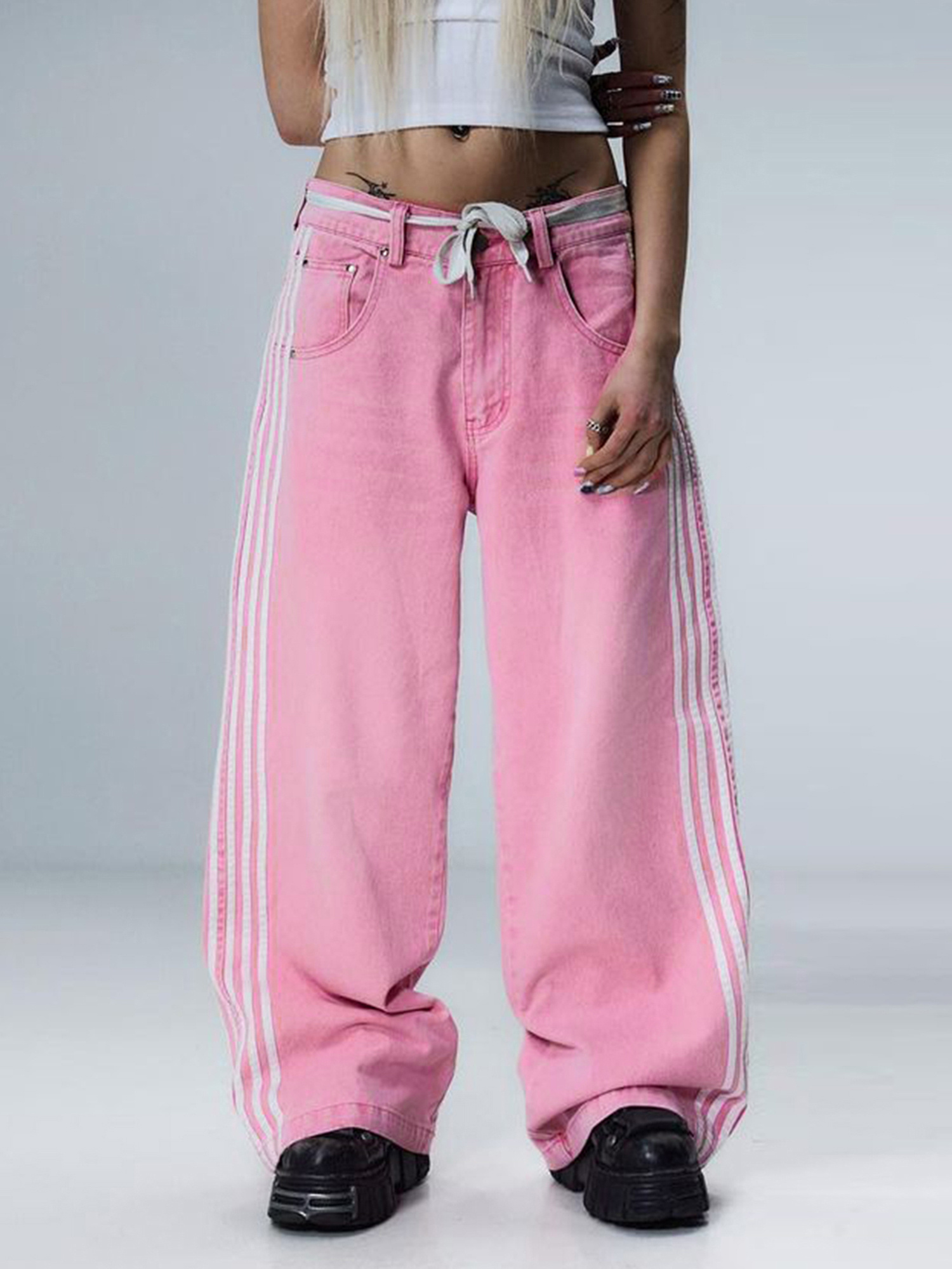 women's y2k oversized baggy jeans side stripes pink white - Temu