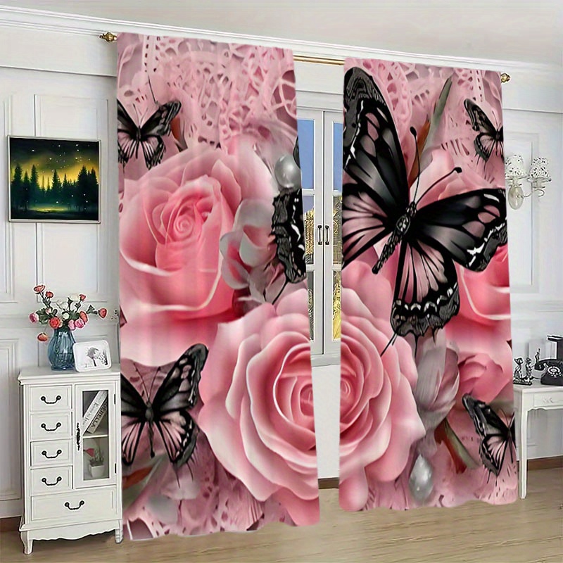 

2pcs Blackout Rod Pocket Curtain Panels - Contemporary Peach Skin Velvet Polyester, Water-resistant Black Butterfly & Print For Living Room - Durable, Machine Washable