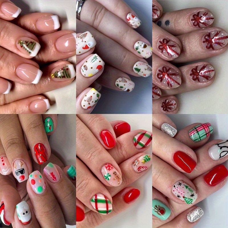 TEMU 144pcs ( 6 Pack ) Christmas Press On Nails Short Almond Christmas Tree Fake Nails With Cute Gingerbread Man Design Round Acrylic Glue On Nails