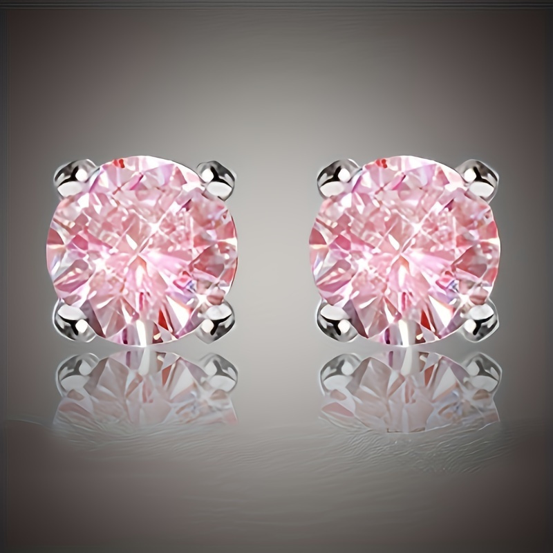 TEMU 1 Pair Of Elegant Pink Round Synthetic Zirconia Plated 925 925 Silver Plated Earrings - Any Party All-match Jewelry