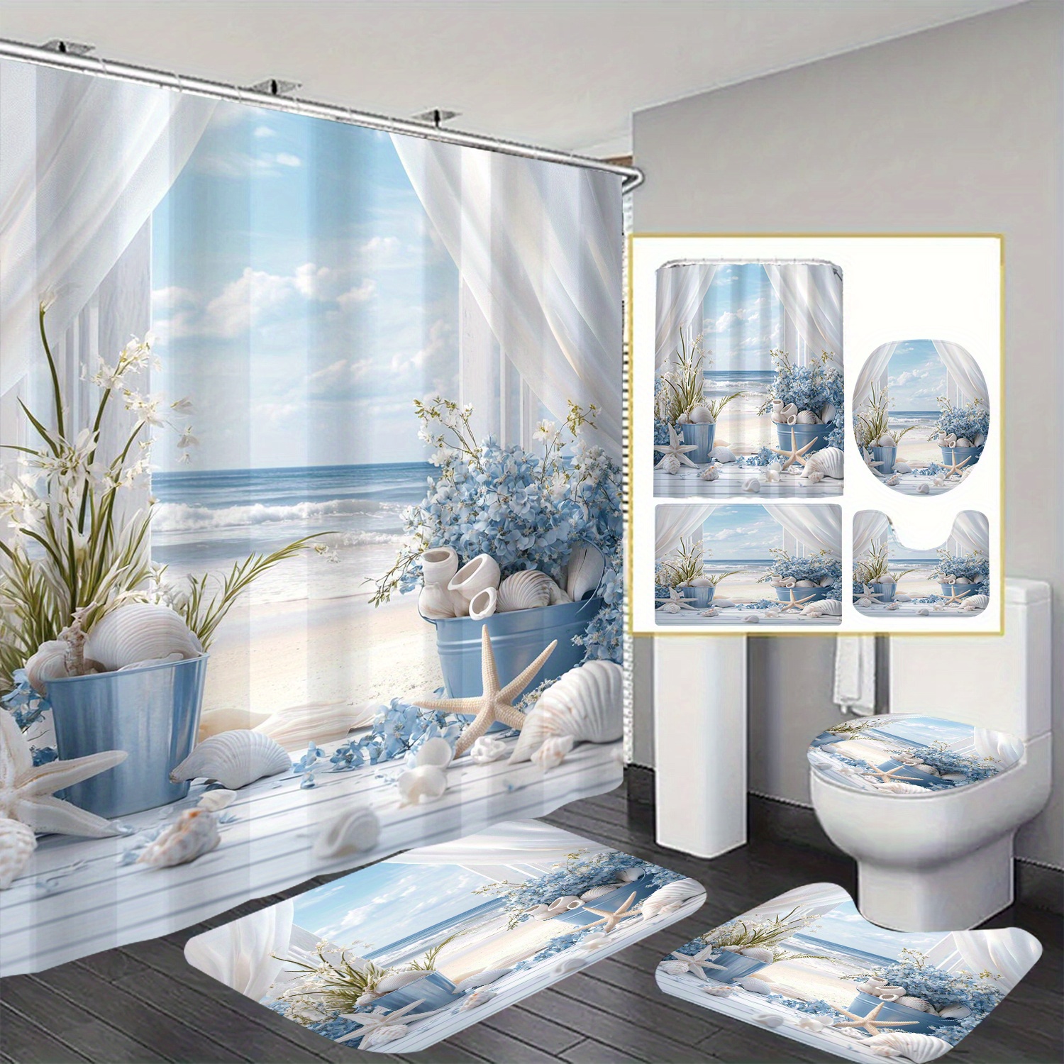 

Conch Shower Curtain Waterproof 12 Hooks Suitable For Room Machine Washable Curtain Waterproof Bathroom 1pc/4pcs