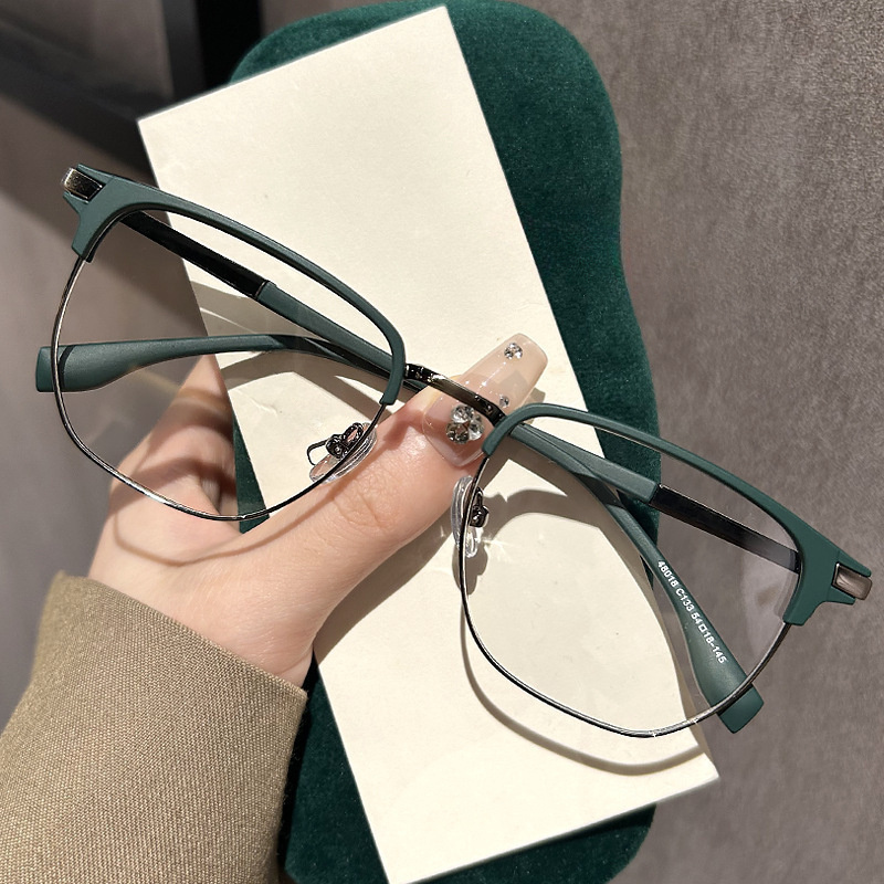 

1 Pair Of Retro Half-rim Fashion Flat Mirrors, Literary Style With Glasses Frame