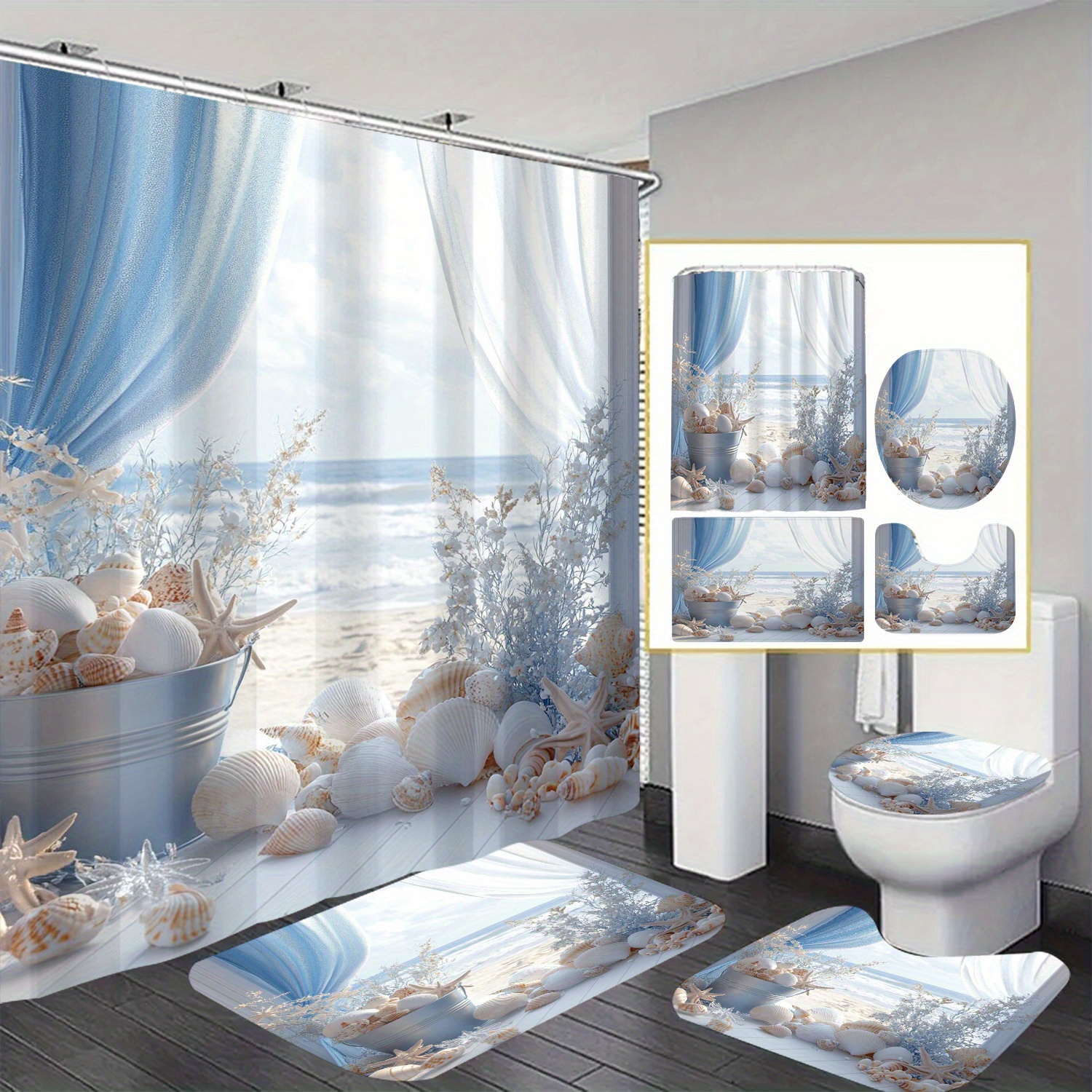 

& Conch Bath Drapes With Water-resistant Feature, Graphic Pattern Arts Theme, Includes Hooks, Machine Washable, Non-woven Fabric Polyester Blend For Home & Hotel Bathrooms - 1pc / 4pc Set