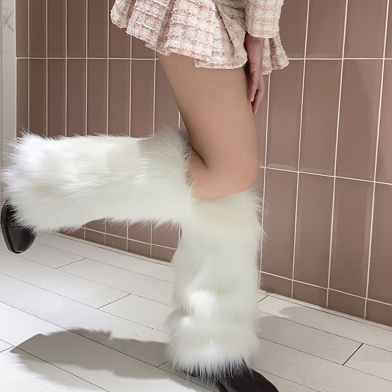 TEMU Cozy Fur Knee-high Leg Warmers For Women - Soft Polyester, Solid Color, Hand Washable, Fur Leg Warmers