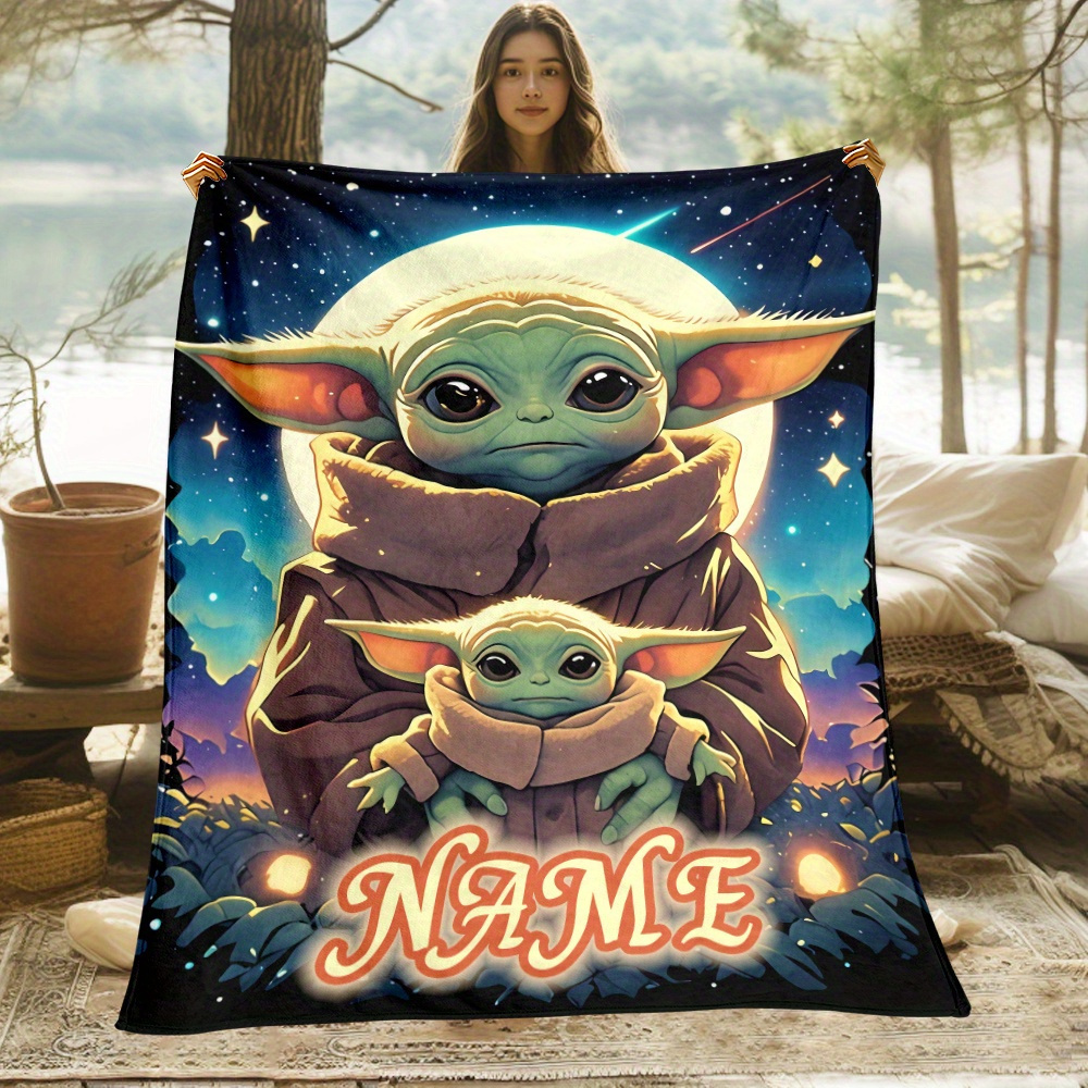 

Personalized Yoda Flannel Throw Blanket - Soft, Lightweight & Warm For Travel, Camping, Couch, Office Chair & Bed - Custom Name