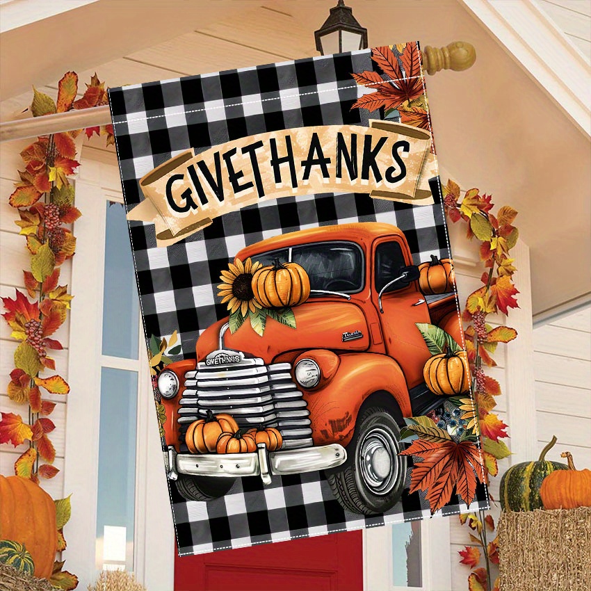 

1pc Thanksgiving Vintage Truck And Pumpkins Double Sided Decorative Banner 28x40 Inch - Polyester Outdoor Festive Seasonal Decoration For Garden, Lawn, Give Thanks Theme Without Electricity Needed