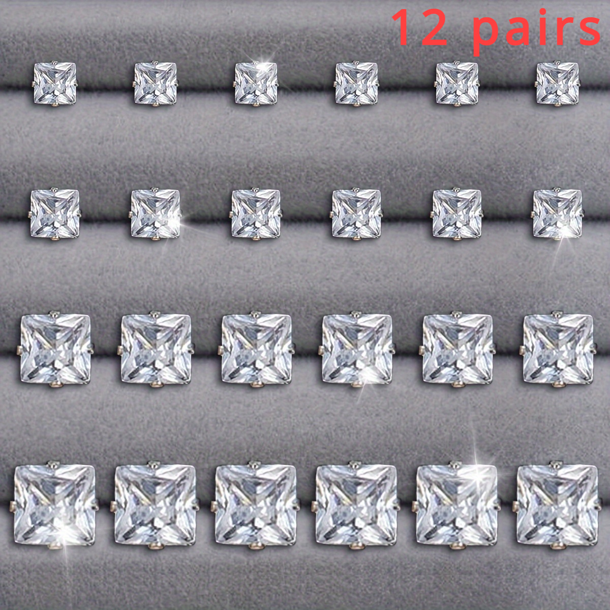 

12 Pairs Of Square Earrings Stainless Steel Jewelry Inlaid With White Imitation Zircon Simple Gift For Men And Women