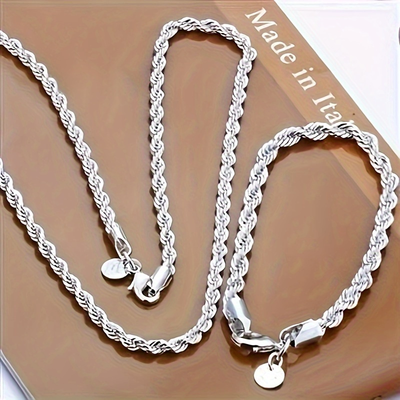 

2pcs 925 Sterling Silver Twisted Rope Chain Necklace Bracelet, Simple Hip-hop Style, Shiny Basic Chain, Women's Jewelry Accessories, Elegant Design, Twisted Rope Bracelet