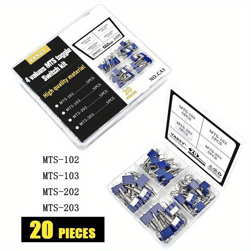 

20pcs Electronics Kit: Mts-102/mts-103/mts-202/mts-203 Rocker Arm Switches With 3 & 6 Pins, Dual/triple Settings - Industrial Grade Components In Storage Box