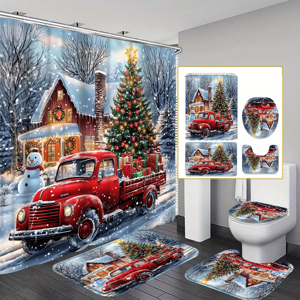 

Christmas Bathroom Set: 1/4pc Shower Curtain, Rug, , And 12 Plastic - , Snowman, And Christmas Tree