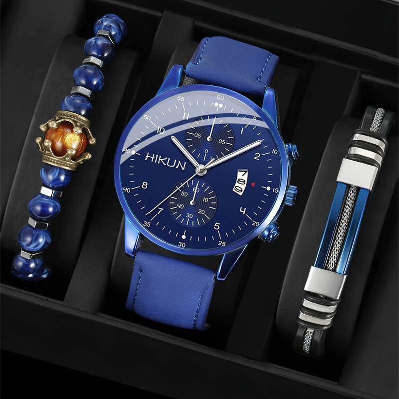TEMU The 3pcs New High-end Light Luxury Men's Quartz Wristwatch, With A Bracelet, Is Perfect For And As A Gift To Your Boyfriend, For Men/women