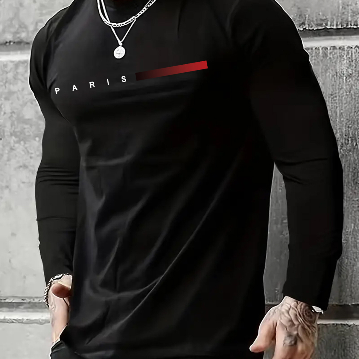 

Men's Plus Size Casual Long Sleeve T-shirt With Alphabet Print, Crew Neck, Knitted Fabric With Slight Stretch, 95% Polyester 5% Elastane - Spring/fall Knit Tops