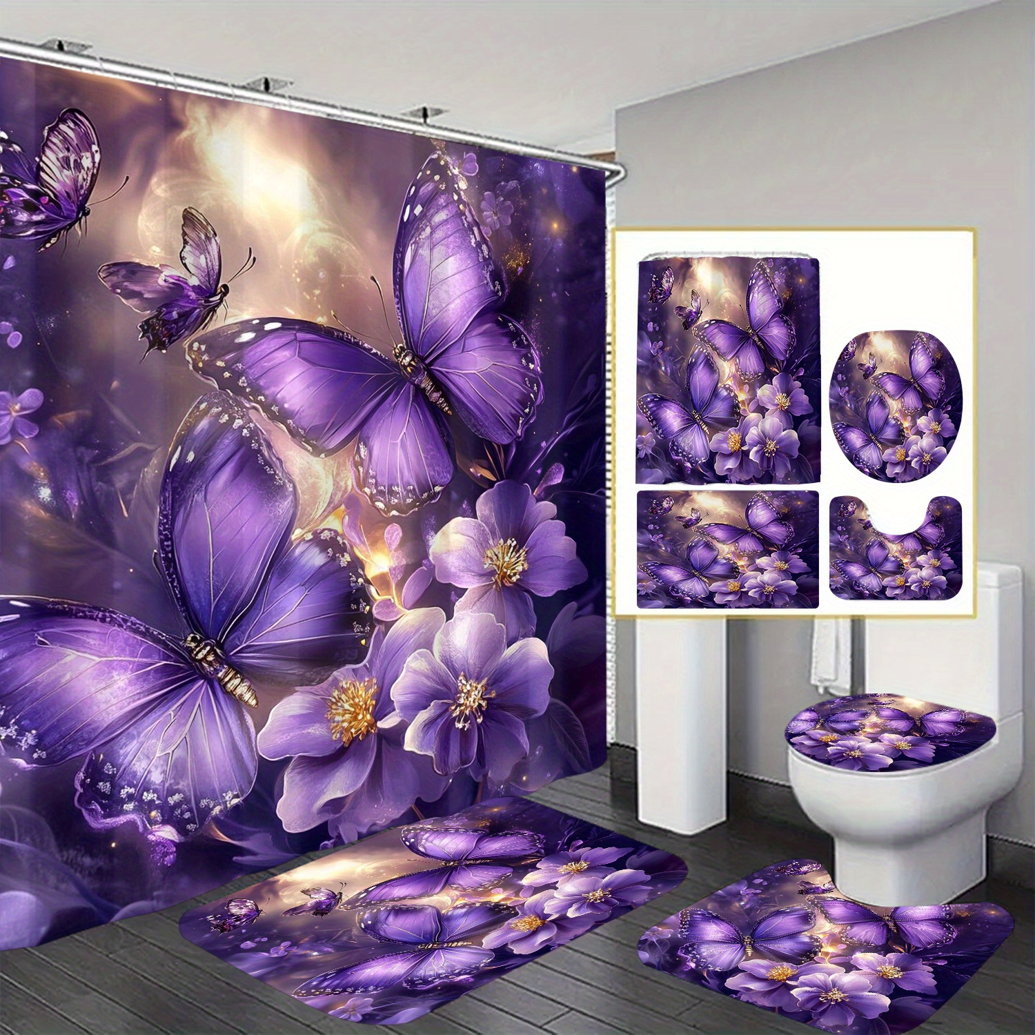 

1pc/4pcs Purple & Shower Curtain Set, Polyester , Graphic , Includes 12 , , Noelrush Bathroom Decor