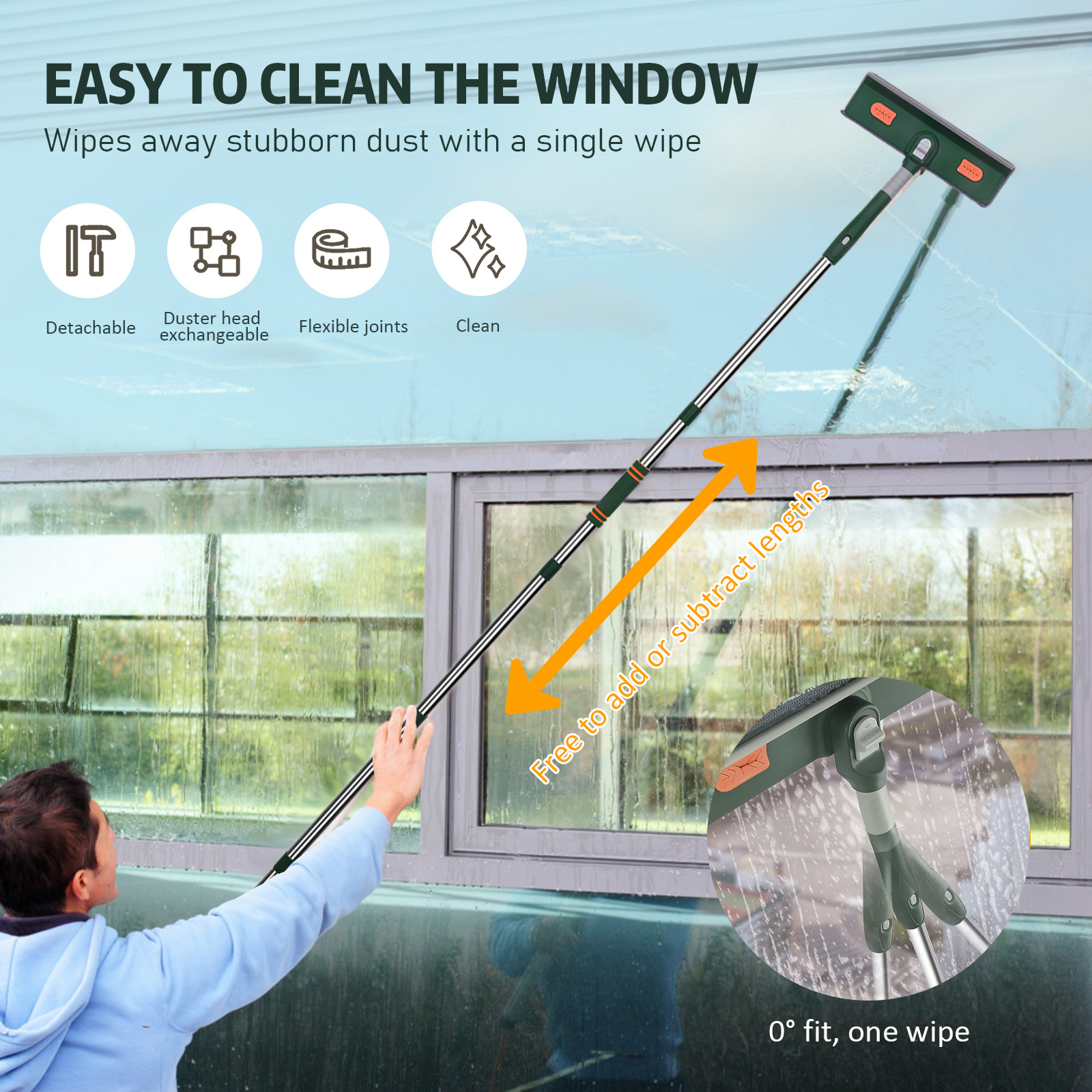   2 in 1 rotatable window squeegee cleaner kit with extension pole 94 telescopic bendable head for indoor outdoor car   use details 2