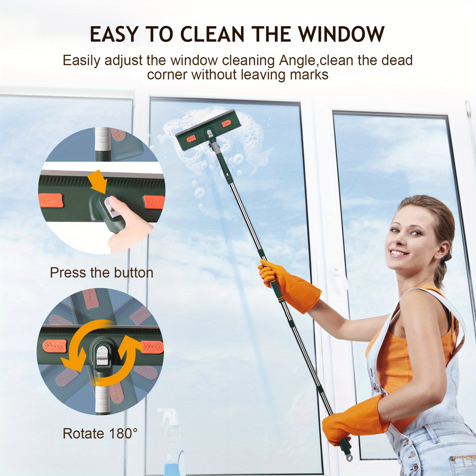   2 in 1 rotatable window squeegee cleaner kit with extension pole 94 telescopic bendable head for indoor outdoor car   use details 7