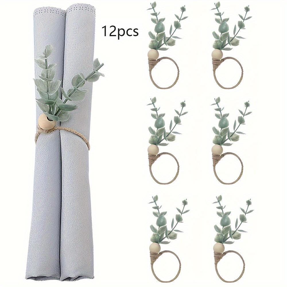 

6/12pcs Rustic Eucalyptus Napkin Rings Set, Plastic Bead Design, Farmhouse Table Decor For Dining, Banquet, Wedding, Easter Holiday Events