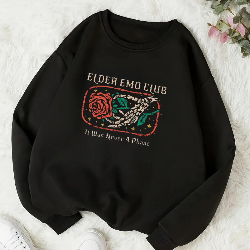 

Elder Emo Club Graphic Crew Neck Sweatshirt - Casual Long Sleeve Knit Polyester 100% Pullover With Rose Print For All Seasons