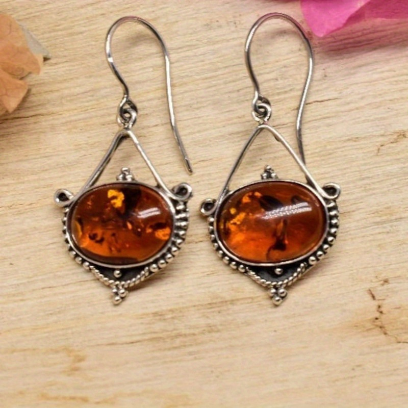 TEMU S925 Silver Amber Stone Drop Earrings, Vintage Bohemian Style, Fashion Dangling Earrings, Perfect For Anniversary & Birthday Gifts, Party And