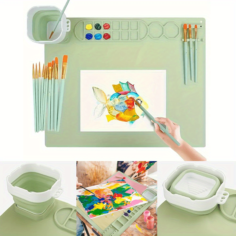 

Silicone Painting Mat Set With Water Cup, 20x16 Inch - Art Craft Mat, Includes 10 Brushes, Green, Pink, Blue