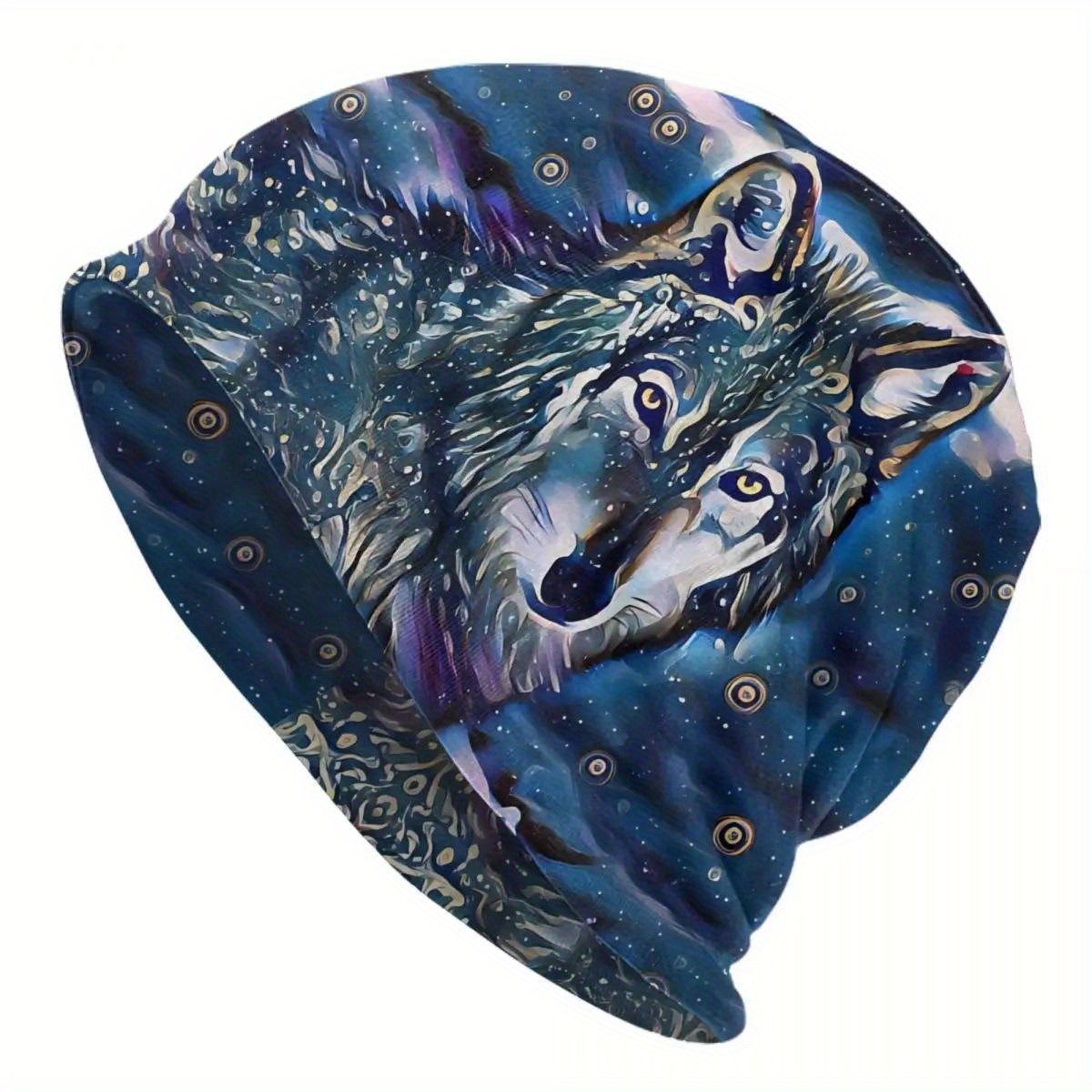 

Wild Wolf Knit Beanie - Fashionable Stretchy Polyester Blend, Novelty Skull Cap For Men