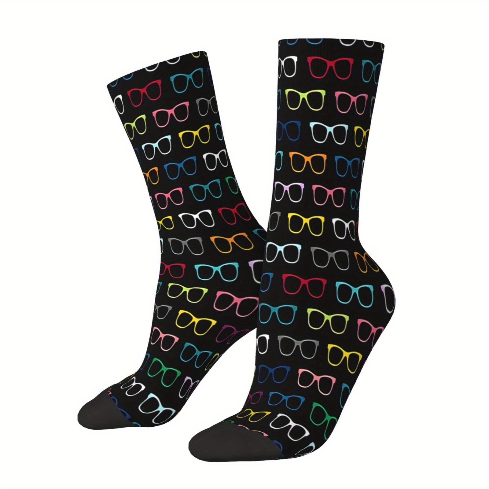 

1 Pair Men's Colorful Hipster Eyeglasses Socks, Vintage Harajuku Hip Hop Novelty Pattern, Polyester 95% Spandex 5% Knit Fabric, All Over Socks, Hand Washable, Gift Idea