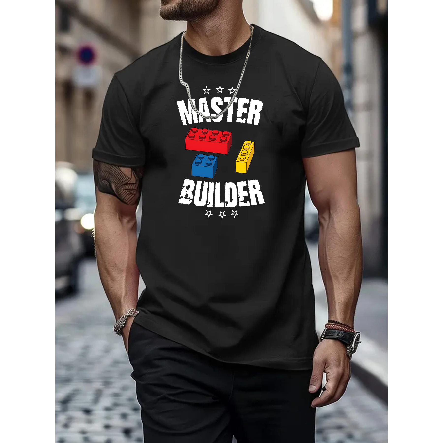 

Building Blocks Print T Shirt, Tees For Men, Casual Short Sleeve T-shirt For Summer