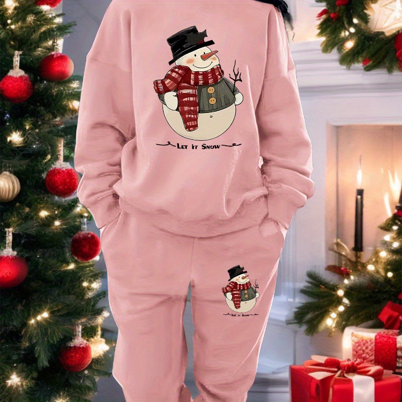 

Women's Christmas Snowman Print Casual Sweatshirt Suit - 100% Polyester Knit Fabric, Cozy Fleece-lined Loungewear Set For All Seasons, Crew Neck