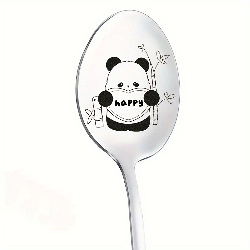 Image of A Mirror-polished Cartoon Panda Engraved Stainless Steel Spoon, A Fun Spoon, Coffee Spoon, Engraved Spoon, Ice Cream Spoon, For Home Parties, Birthdays, Valentine's Day Gift Spoon