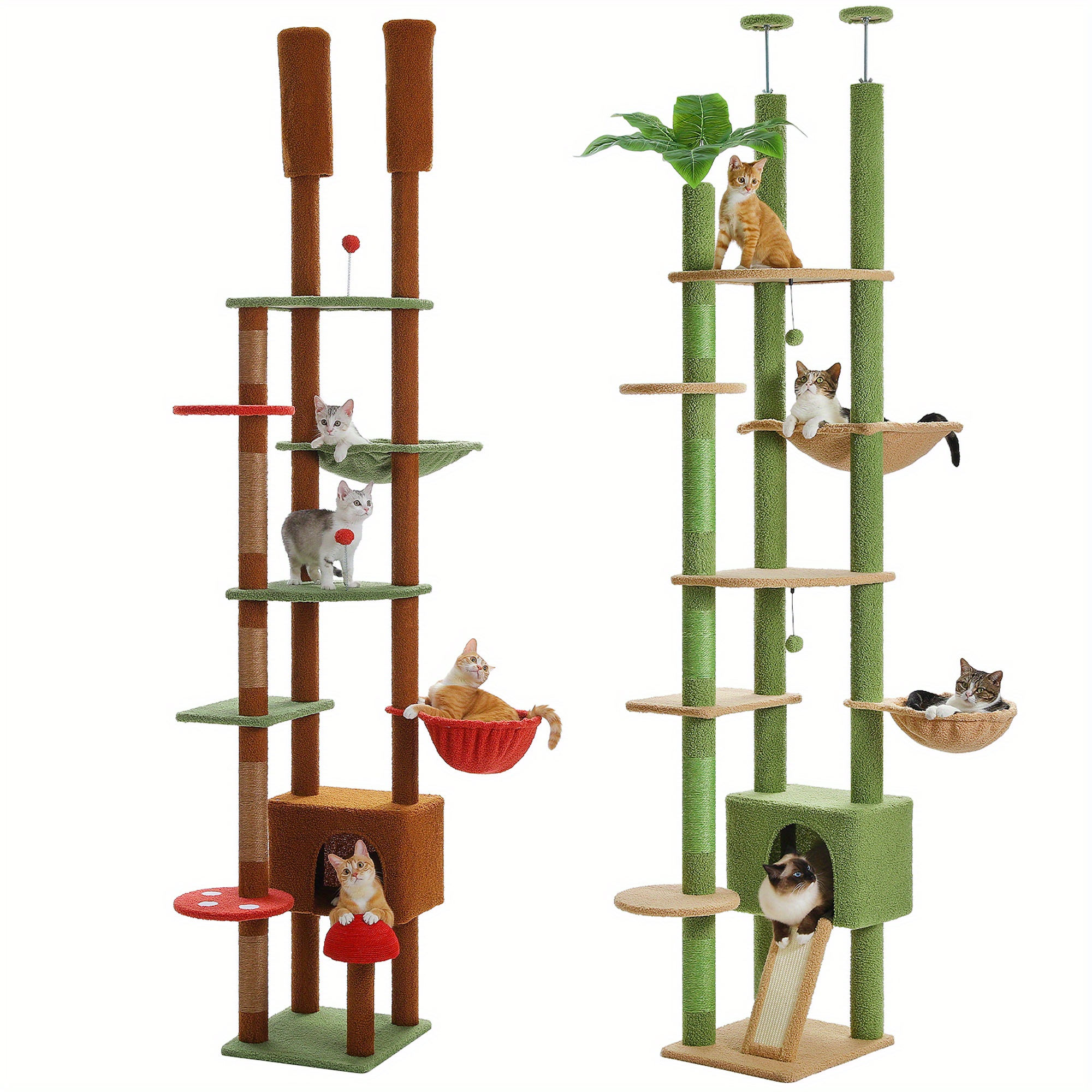 

To Ceiling Cat Tower Adjustable Height (90.5''-.4'' = 230cm-252cm) With Cat Condo, Cozy Hammock And Scratching Post, Tall Cat Activity Tree For Indoor Cats, Brown/green