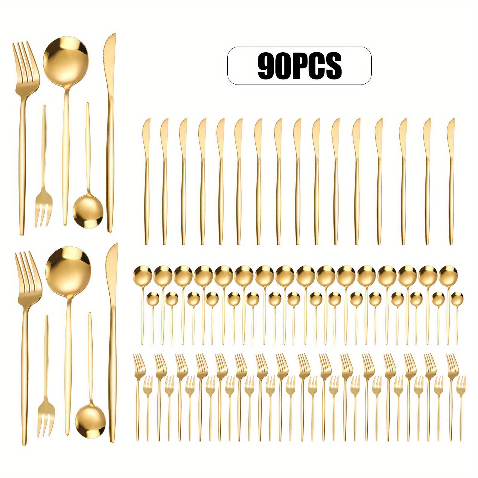 

Cncest 90 Pcs Gold Silverware Set, 18 Set Gold Flatware Cutlery, 410 Stainless Steel Utensils Set Includes Forks Knives And Spoons For Kitchen , Gold Handle