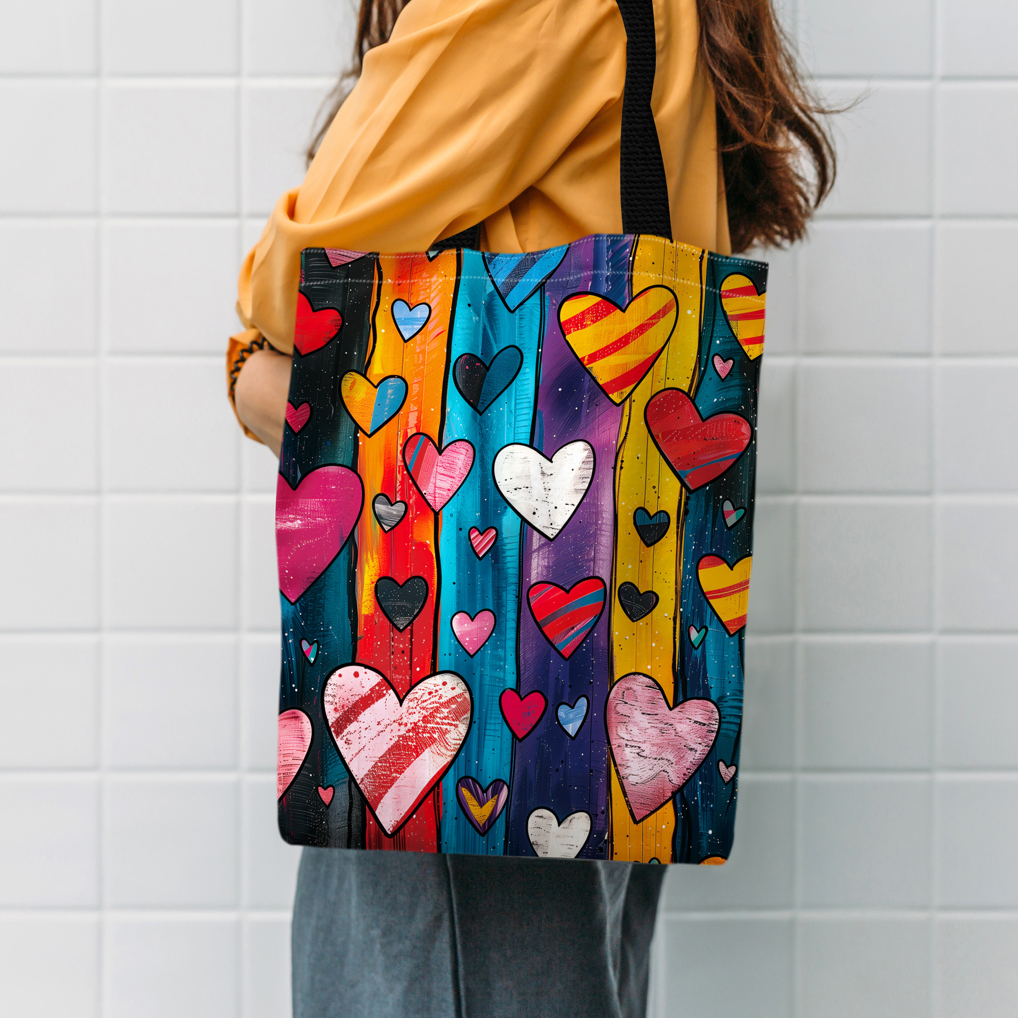 

Tote Bag With Rainbow Hearts Pattern, High-density Polyester Fabric, Washable Shoulder Bag, No Closure Shopping Bag With Wide Straps - 1pc