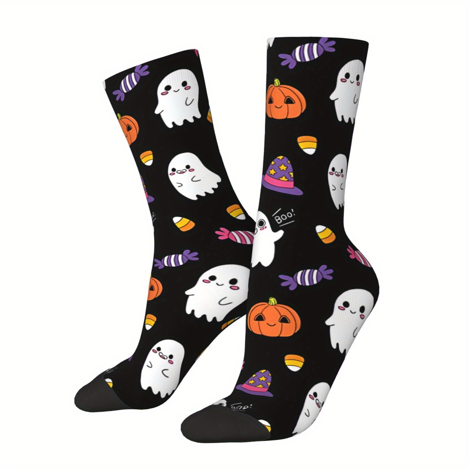 

-themed Crew Socks For Men - 1 Pair Polyester Knit Fabric With Elastane - Hand Washable Spooky & Candy Print Casual Socks